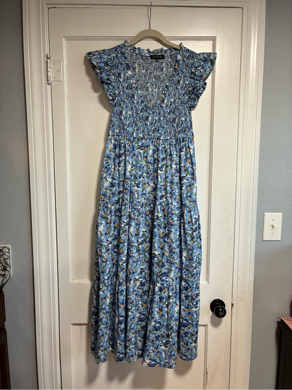 Jacqui E Blue Floral Smocked Midi Dress with Orange Accents - Picture 3 of 7